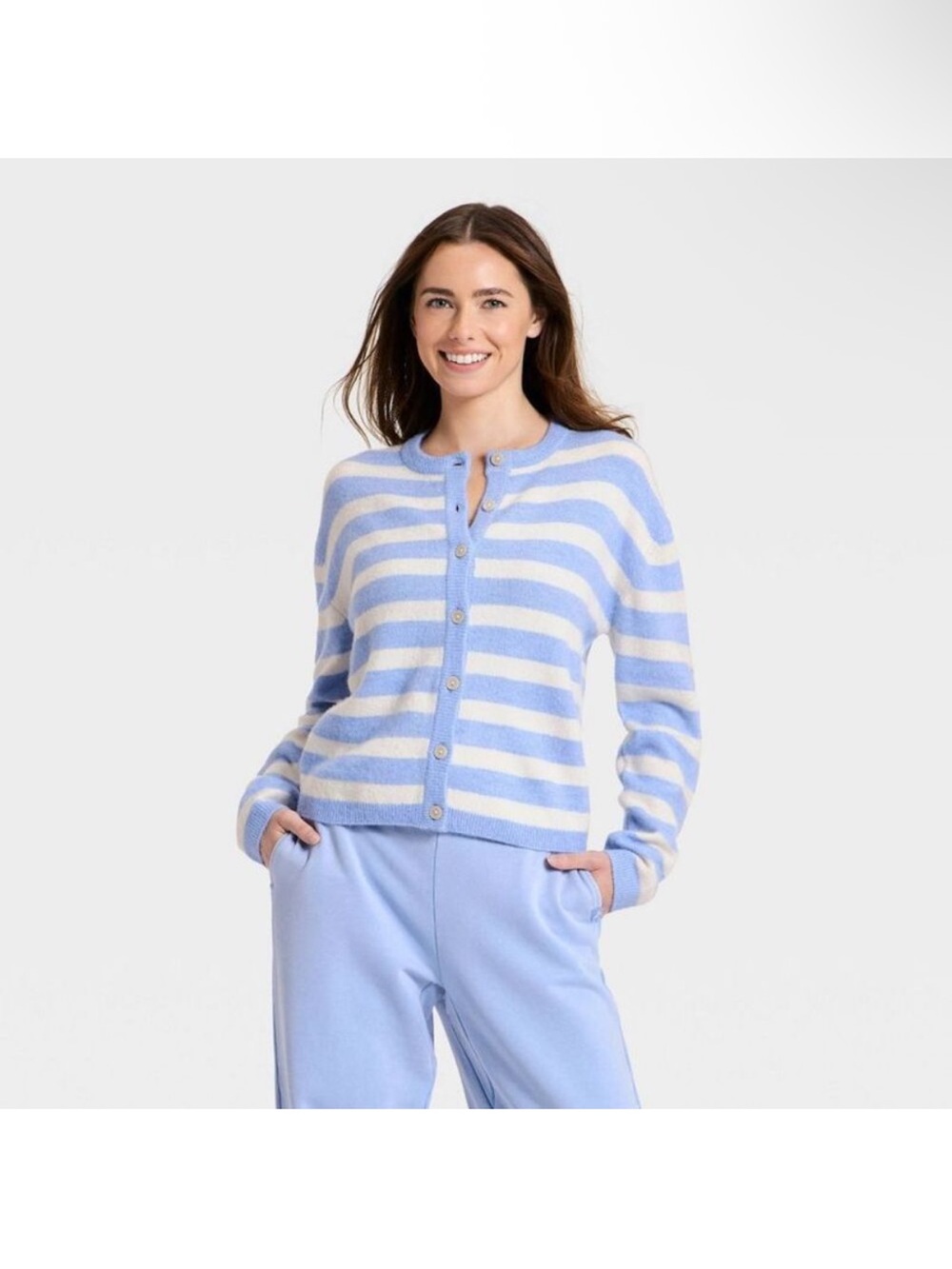 JoyLab Blue and Cream Striped Button Cardigan